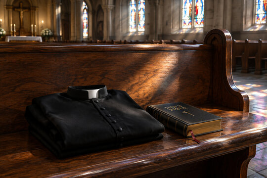 A folded black cassock and a bible on a church pew.