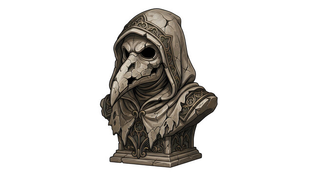 Stone plague doctor bust sculpture with cracked hooded robe and bird beak mask design for dark fantasy gaming or gothic horror theme illustrations.