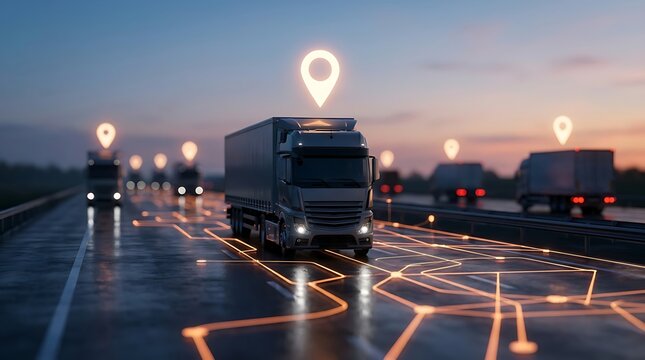 Fleet of smart cargo trucks driving on highway with illuminated digital map routes and location pins above vehicles during sunset for logistics concept.
