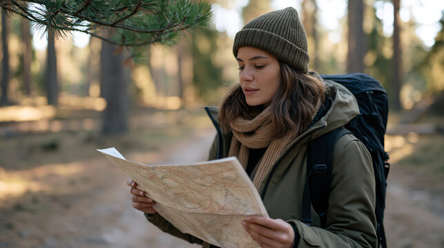 A woman with freckles stops on a woodland trail to check a paper topographic map while golden sunlight filters through pine branches on national take a hike day solo hiking