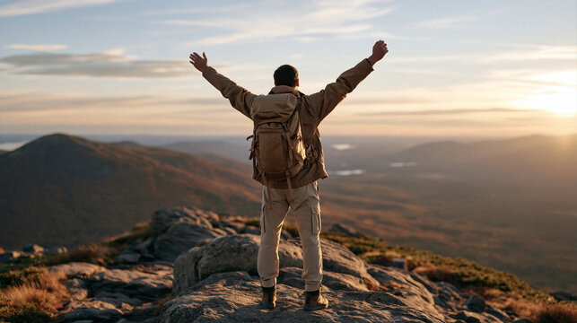 An avid hiker with a full pack stands at the summit of a forested ridge trail arms raised in triumph overlooking an autumn valley at golden hour celebrating national take a hike