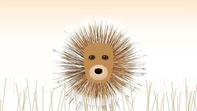 Whimsical vector illustration of a fluffy, spiky brown creature with a simple, friendly face, standing playfully amidst abstract grass elements on a soft gradient background
