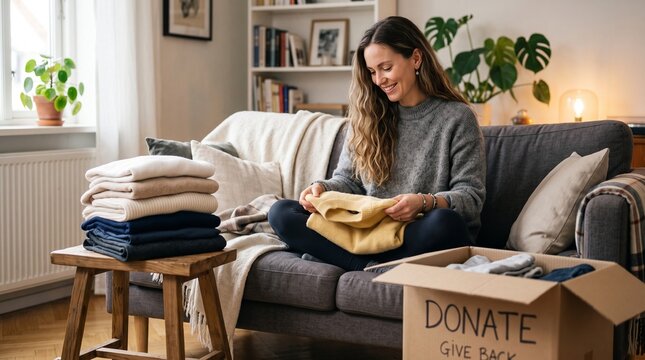 A smiling young woman sitting on a living room couch, folding clothes for donation into a cardboard box.