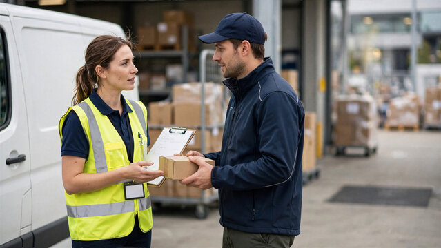 Courier and customer discussing delivery package details near transport vehicle