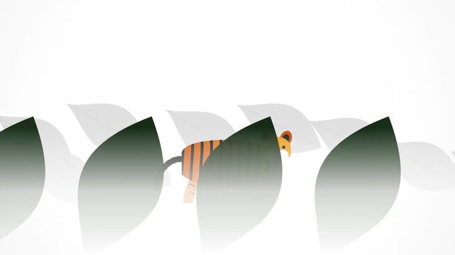 Minimalist vector illustration of a tiger stalking through large jungle leaves on a white background
