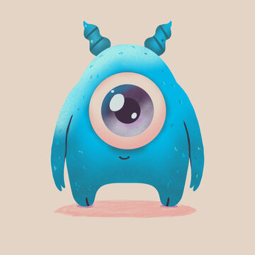 Cute One Eyed Blue Monster Character Illustration