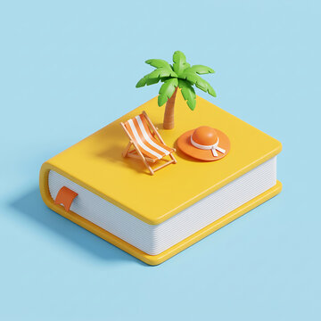 3d render of an open yellow book with beach accessories like a chair and palm tree on top transparent background