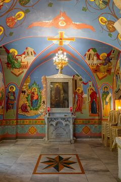 Painted frescoes of saints and a marble altar decorate the interior of a small chapel at Our Lady of Nourieh Orthodox Monastery, North Governorate, Hamat, Lebanon