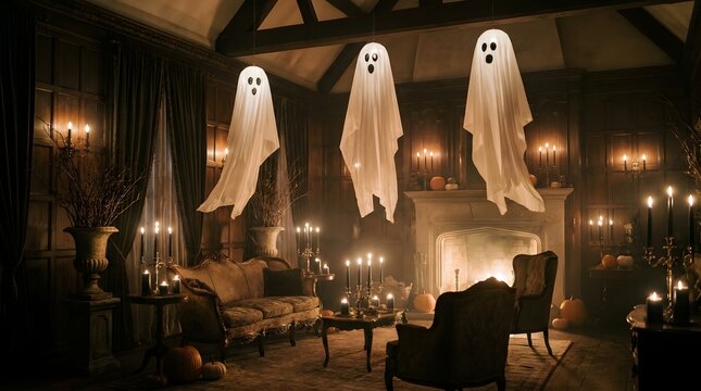 Haunted house with ghostly ghost decorations in dim light