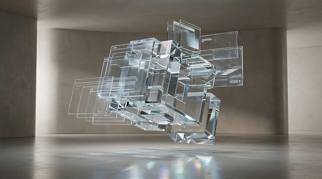 Floating transparent glass cubes arranged with digital interface elements in minimalist room setting creating futuristic display for technology and data concepts.