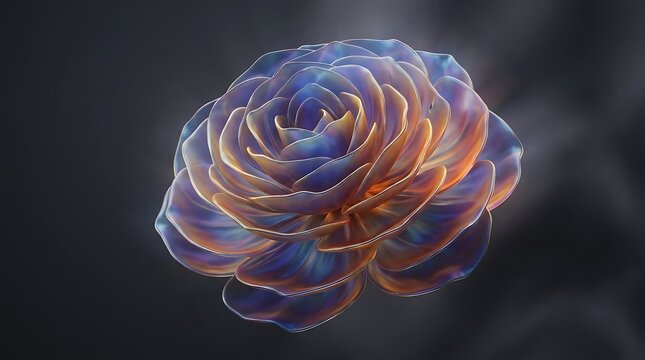 Macro view of metallic rose flower sculpture with iridescent finish and holographic petals against dark moody background reflecting ethereal light for luxury art.