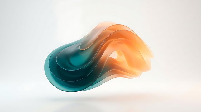 Organic sculptural object with smooth layered glass aesthetic featuring teal and orange gradients floating against neutral clean white background for design work.