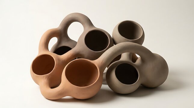 Minimalist organic clay sculpture with interlocking bulbous forms and smooth matte finish against neutral backdrop showing tactile handcrafted ceramic artistry.
