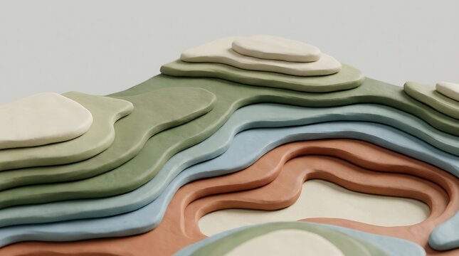 Topographical clay map with layered undulating levels in muted green blue and terracotta tones representing abstract landscape contours for geographic concept.