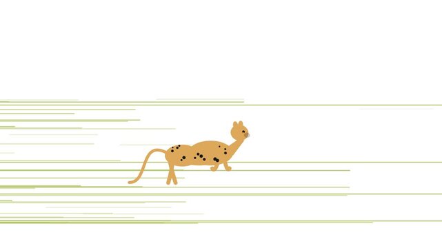 Minimalist illustration of a spotted leopard cat walking across a background of horizontal green lines on white