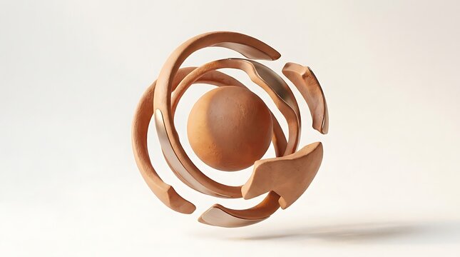 Abstract terracotta sculpture with metallic elements, spherical shape in center, intertwined earth tones, modern art, studio light, elegant design.