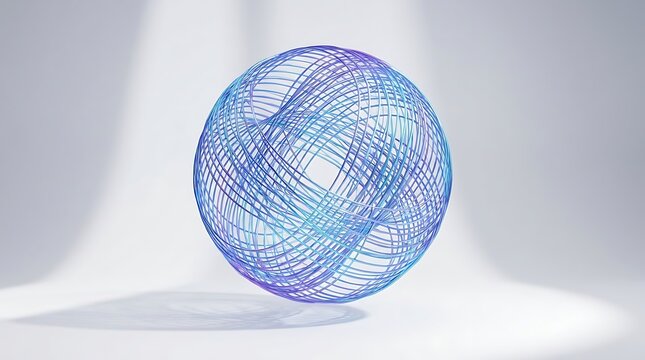 Abstract sphere of intertwined blue and purple lines, geometric wireframe structure, modern art, elegant design, futuristic technology concept.