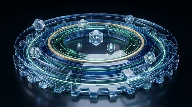 Futuristic holographic interface technology with digital crystals and glowing rings in dark futuristic background, abstract sci-fi concept.