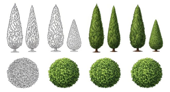 Set of decorative cypress trees and shrubs in vector style