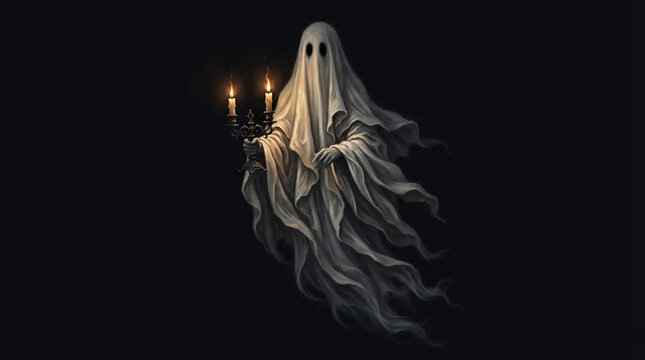 Ethereal sheet ghost floating while holding a lit candelabra