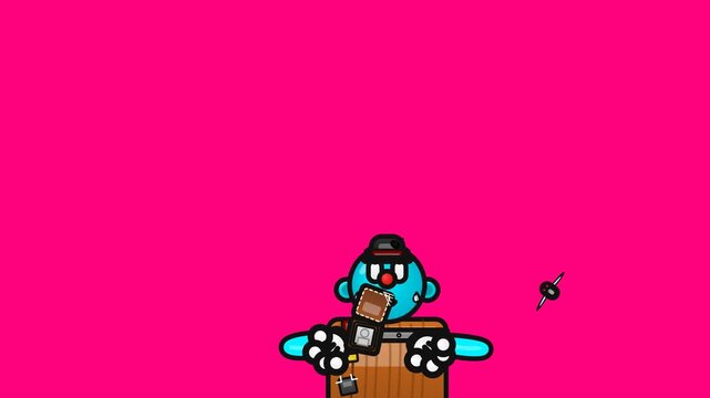 2D animation of a sad bankrupt worker wearing a wooden barrel and holding an empty wallet while tossing a coin against a bright pink background