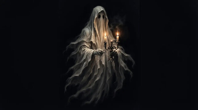 Spooky hooded ghost holding a lit candelabra in the dark