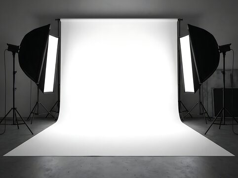 Empty photo studio backdrop with professional lighting equipment setup for creative shoots and commercial photography projects in a modern studio.