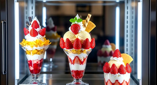 a display window in a dessert cafe, a hyper realistic sampuru (plastic food model). a strawberry parfait. layers of vanilla ice cream, fresh strawberries, cornflakes, whipped cream 