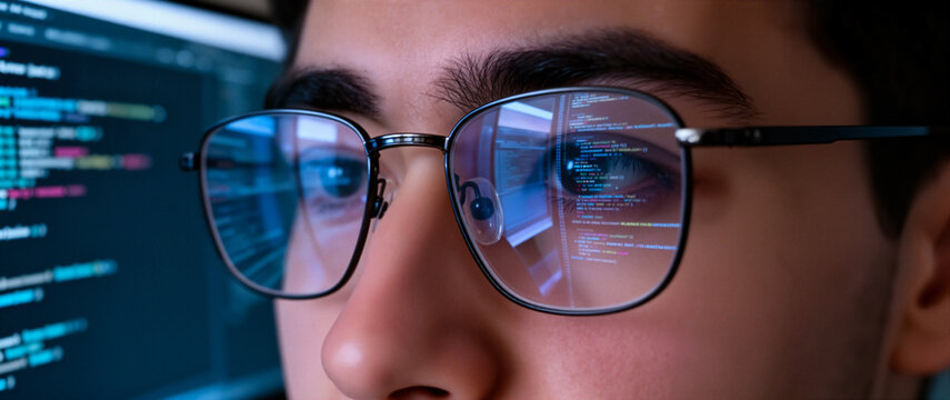 Coder wears glasses working on computer looking at programming code