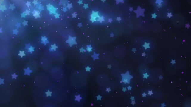 幻想的な青い光の中を斜めにゆっくり舞い落ちる星とパーティクルのループ背景動画 / A looping background video featuring stars and particles slowly drifting diagonally downward amidst a magical blue glow