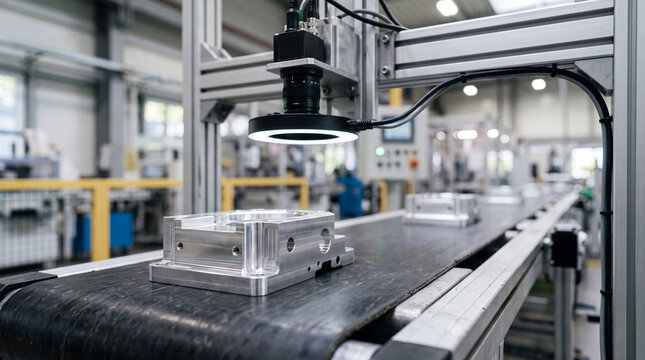 Machine Vision Camera Inspecting Metal Part on Automated Conveyor