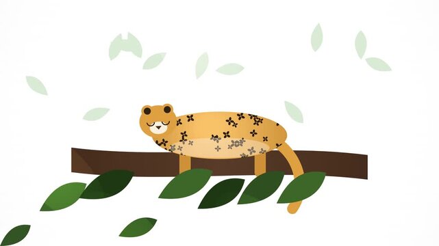 Cute stylized leopard with star pattern spots sleeping on a tree branch with green leaves on white background