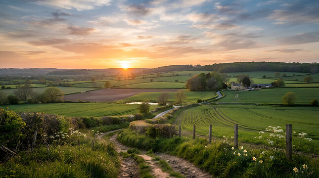 Rolling green countryside landscape at sunset with a dirt path and fence