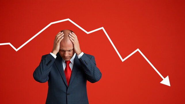 Bald businessman in suit holding head with falling graph on red background  