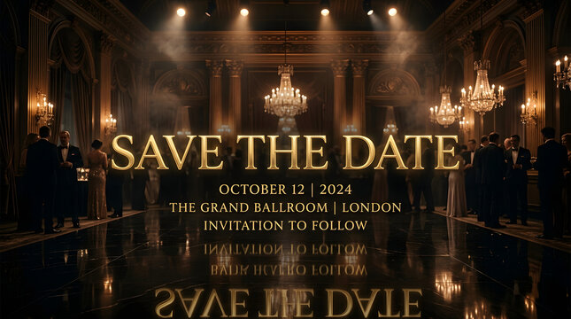 Save the date typography graphic with elegant gold lettering set in a luxury ballroom interior