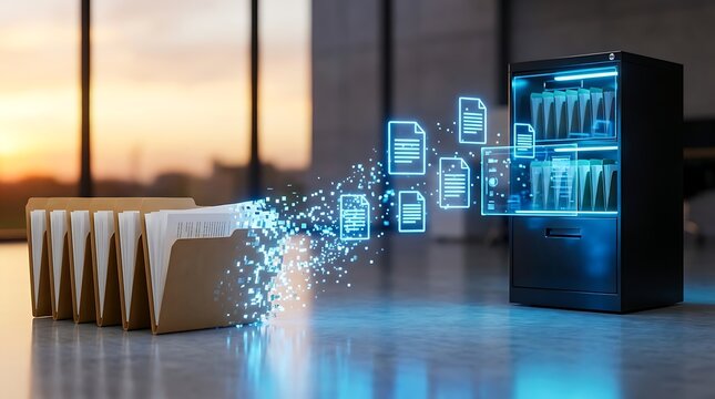 Digital document management transferring files from row of folders to modern filing cabinet with glowing data streams and cityscape background.