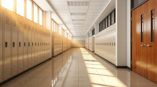 Long school hallway with rows of beige lockers and large windows letting in sunlight.