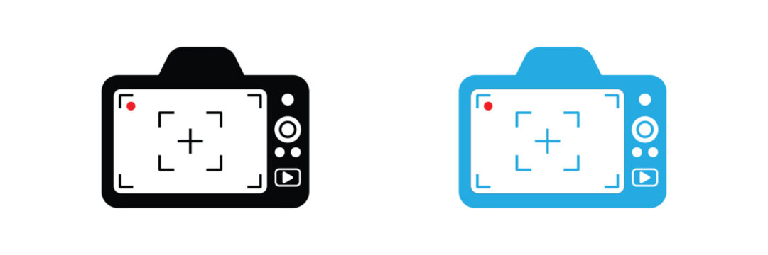 Modern DSLR camera back view display interface with viewfinder focus frame and control buttons vector illustration in black and white styles