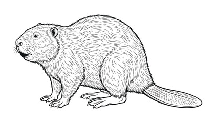 Hand drawn ink sketch of a beaver standing with white background © Anik