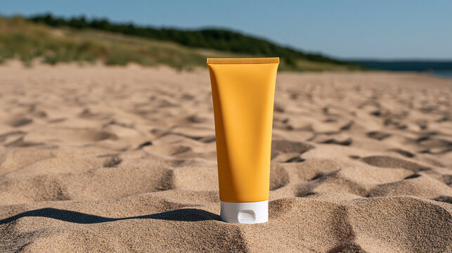 Yellow sunscreen tube standing upright on sandy beach with blue sky