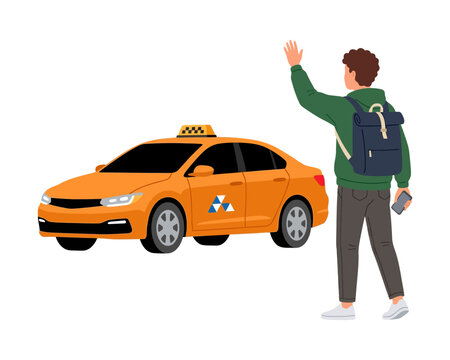 A young traveler wearing a backpack is standing on the sidewalk and waving his arm to signal for a yellow cab vehicle that is driving down the street during a busy workday in the urban city