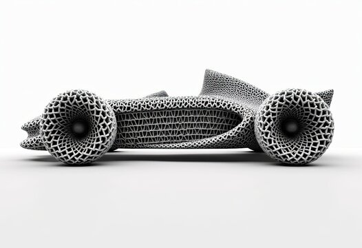 Futuristic car with mesh design and large wheels on white background