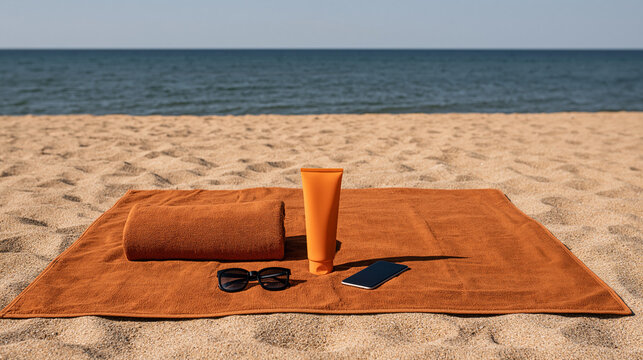 Towel, sunscreen, sunglasses, and smartphone on sandy beach by the sea  
