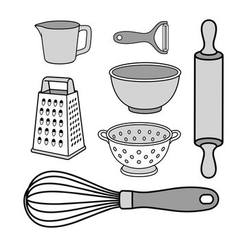 Kitchen Preparation Tools Collection Black and White Minimal Line Art Vector Set