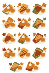 Fototapeta premium Vector Art Compilation of 14 Slices of Pie with Autumn Leaves