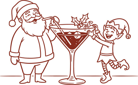 Santa claus and an elf drinking from a large martini glass with a straw, festive holiday illustration in line art style