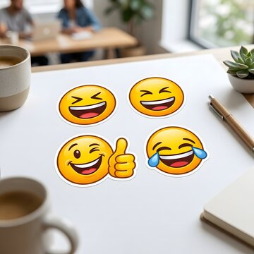 Four smiling face emojis on a desk cheerful expressions and positive vibes