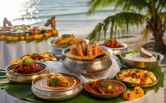 Lavish Coastal Indian Wedding Seafood Buffet with Prawn Curry, Fried Fish, Crab Masala, Coconut Rice, Chutney and Tropical Sides on Elegant Outdoor Seaside Tables