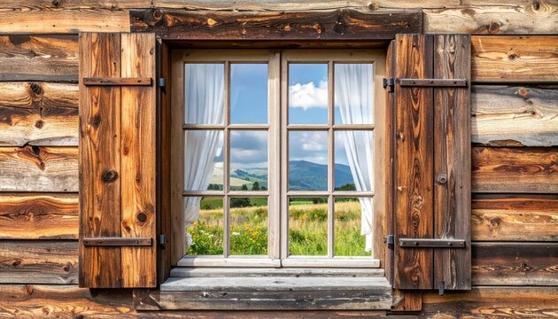 Rustic wooden window looking out at sunny summer meadow.