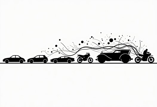 Cars and motorcycles moving forward with dynamic motion lines